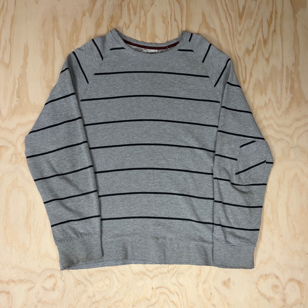 Quiksilver Mens XL Slim Fit Striped Sweatshirt Gray Black Raglan Pullover Surf